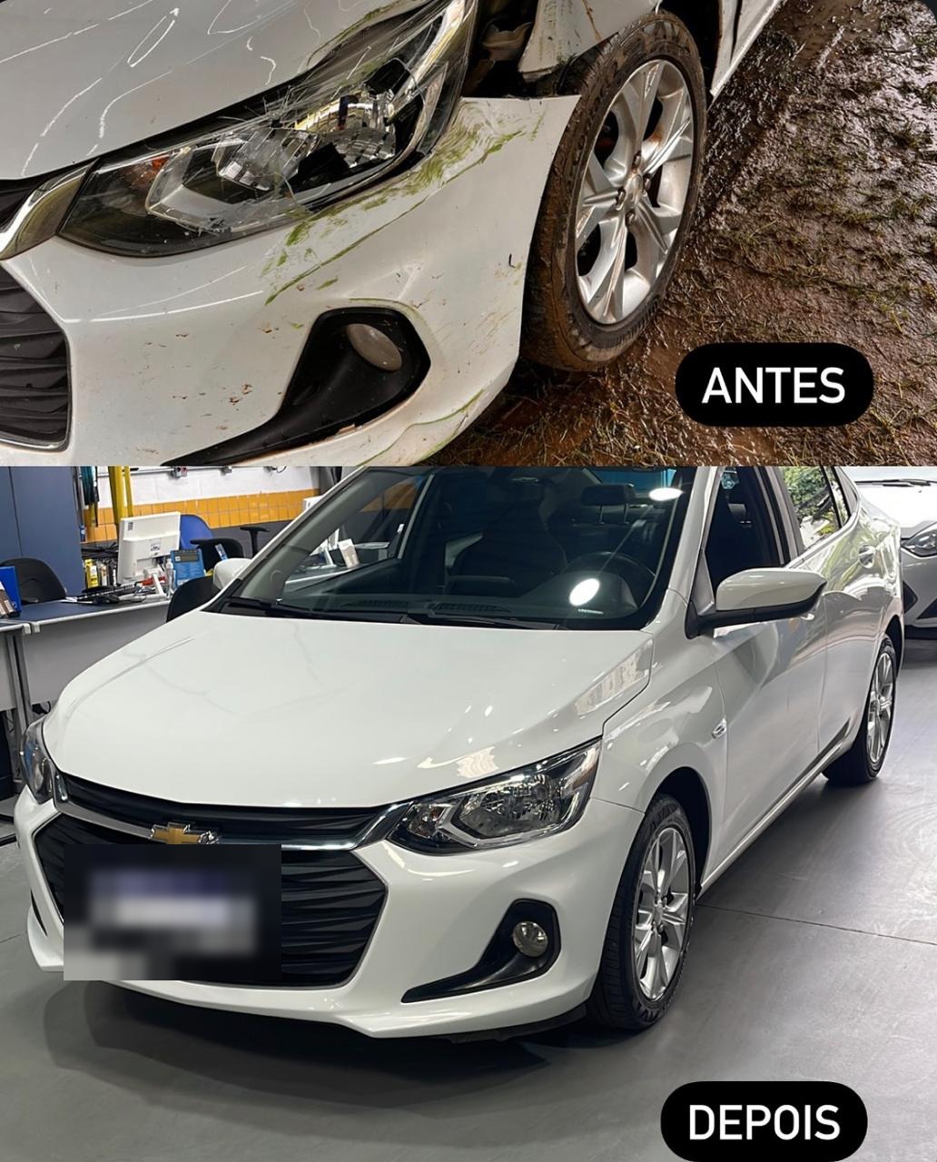 Veículo branco antes e depois da lanternagem e pintura