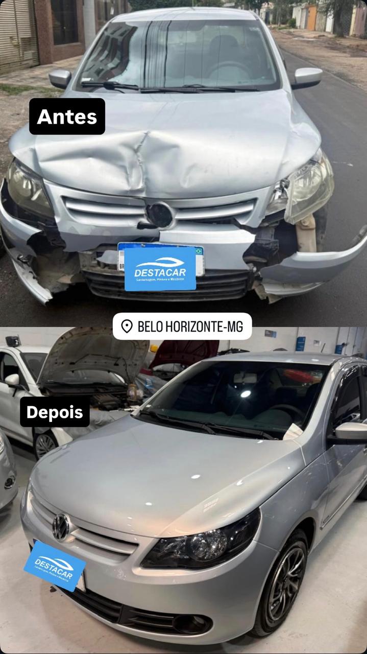 Veículo antes e depois da recuperação frontal na Destacar