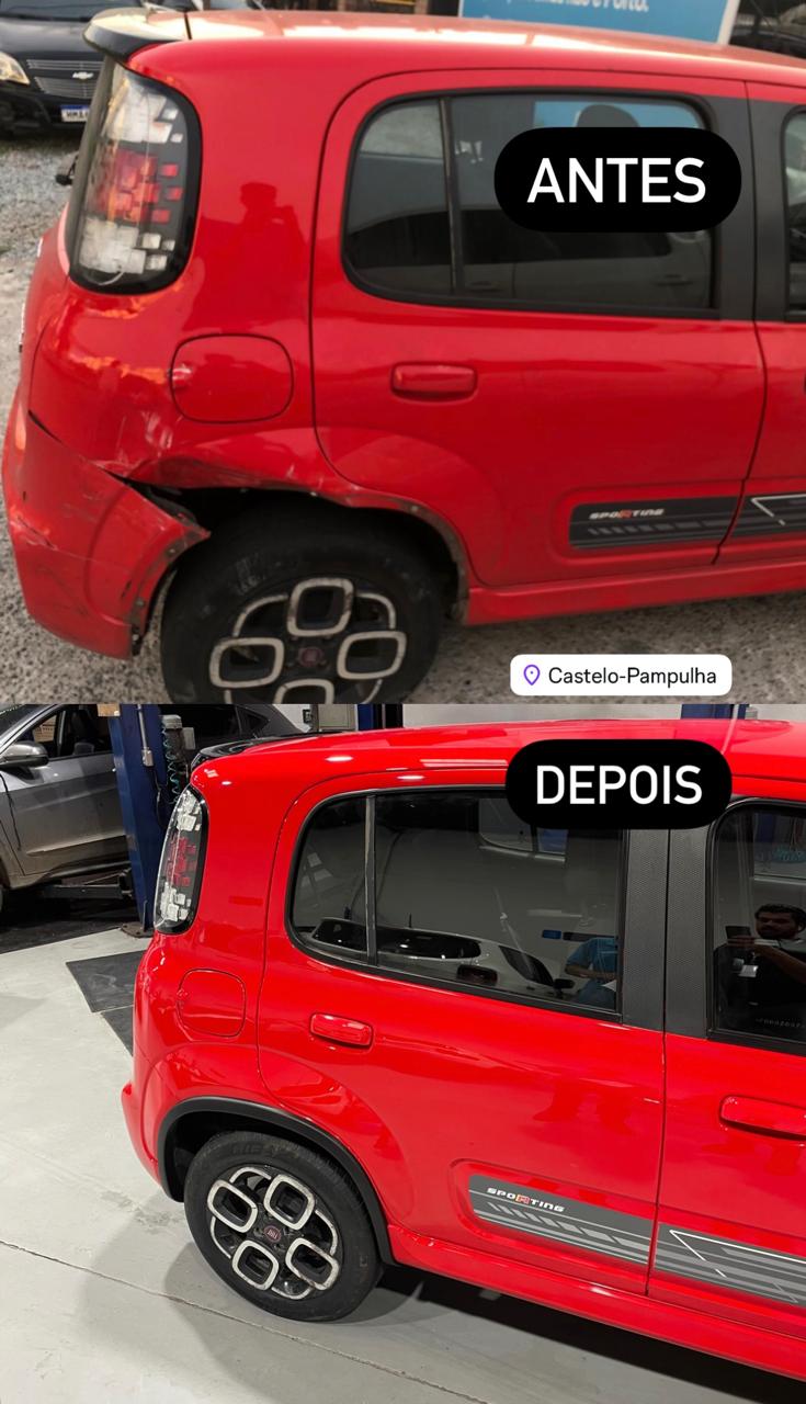 Veículo vermelho antes e depois do reparo